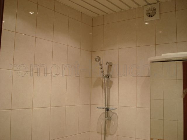 Облицовка стен ванной комнаты керамическими плитками с затиркой швов, устройство подвесного реечного потолка, установка вентилятора, стойки для лейки душа, зеркала с полочками